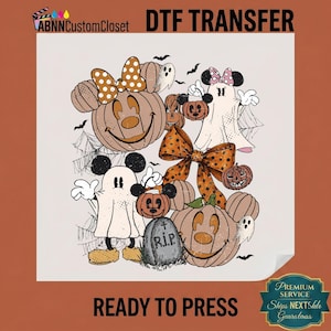 May include: A DTF transfer sheet featuring a Halloween-themed graphic with text ABNNCustomCloset DTF TRANSFER READY TO PRESS. The design includes pumpkins with mouse ears, ghosts, a tombstone marked RIP, spiderwebs, and a large orange polka dot bow.