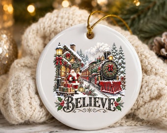 Believe Santa Express Train Christmas Ceramic Ornament Polar Xmas Tree Station Holiday Decoration Winter Magical Vintage Family Gift Decor