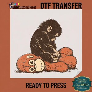Cute Baby Gorilla DTF Transfer, Little Monkey Plush Toy Heat Press Design, Chimpanzee Animal Ready To Iron On, Sublimation Jungle Art