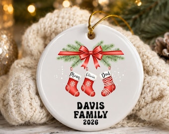 Personalized Family Christmas Stockings Ornament 2026 Custom Red Ribbon Ceramic Tree Decor Mom Dad Name Keepsake Holiday Hanging Gift