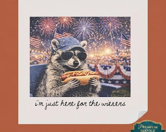 Raccoon DTF Transfer, Here For The Wieners Ready to Press, Funny Hotdog Heat Design, 4th of July Patriotic Iron On, Summer BBQ Apparel DIY