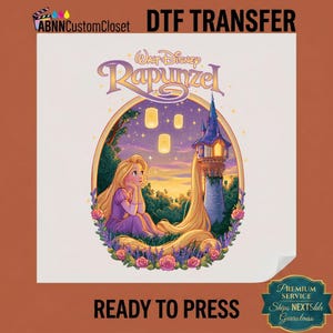 May include: A DTF transfer featuring a Walt Disney Rapunzel graphic. The design shows a blonde character in a purple dress sitting near a tall stone tower, surrounded by floating lanterns, green trees, and pink flowers within an oval frame.