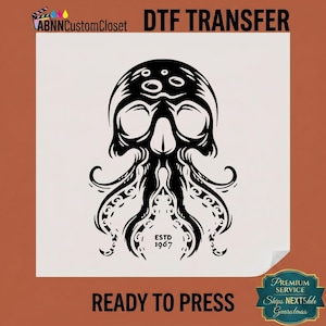 Octopus Skull DTF Transfer, Vintage Kraken Tentacles Heat Press Design, Estd 1967 Nautical Ready To Iron On, Sublimation Pirate Badass Art