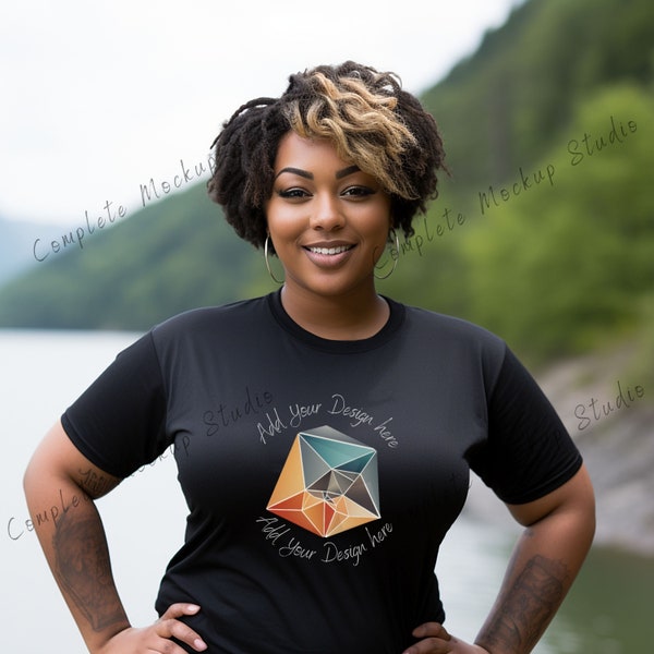 Gildan 5000 Black Tshirt Female Model Mockup, Lifestyle Woman Girl Mock up, Outdoor Nature Lake Ocean Mountainside T Shirt Mockups