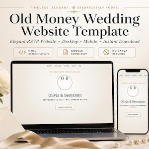 Puede incluir: Una plantilla de sitio web de bodas digital que se muestra en la pantalla de una computadora portátil y un teléfono inteligente. La interfaz presenta un fondo crema con texto negro que dice Olivia & Benjamin, 12 de septiembre de 2027, Willowmere Estate y un monograma circular con las letras OB.