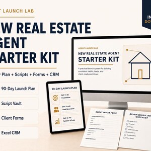 Puede incluir: Un kit de inicio digital para agentes inmobiliarios con un plan de 90 días, guiones, formularios y un CRM. La pantalla muestra el texto New Real Estate Agent Starter Kit, un icono de casa y un plan de lanzamiento en una tableta y documentos.