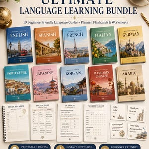 10 Language Learning Bundle, Beginner Guides, Printable Flashcards, Worksheets, 90-Day Study Planner, Digital Download