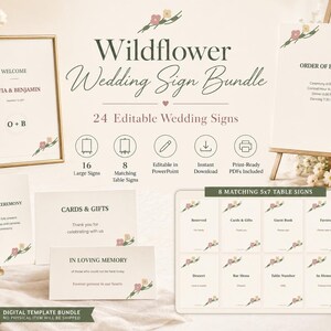 Puede incluir: Un conjunto de 24 letreros de boda editables con ilustraciones de flores silvestres. El paquete incluye letreros grandes, letreros de mesa y tarjetas con textos como Welcome, Order of Events, Unplugged Ceremony y In Loving Memory.