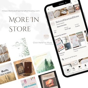May include: A smartphone screen displaying the BelovedHeartandHome Etsy shop interface, featuring various digital planners and stationery items. The text MORE IN STORE and https://belovedheartandhome.etsy.com appear alongside thumbnails of ministry planners.
