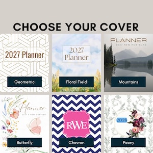 May include: A grid of six 2027 planner covers featuring various designs: a gold geometric pattern, a blue sky with yellow flowers, a mountain lake landscape, a floral butterfly motif, a navy chevron pattern, and a peony floral arrangement.