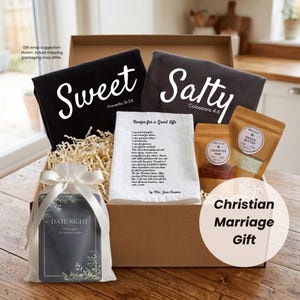 Marriage Gift Box Bundle for Christian Couple Wedding Sweet & Salty Aprons Husband and Wife Date Cards Spices Tea Towel Shower Present Faith