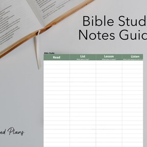 May include: A printable Bible study notes guide with the title "Bible Study Notes Guide" and the headings "Read", "List", "Lesson", and "Listen".