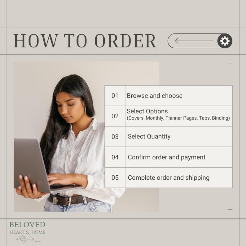 May include: An instructional graphic titled HOW TO ORDER with a numbered list: 01 Browse and choose, 02 Select Options (Covers, Monthly, Planner Pages, Tabs, Binding), 03 Select Quantity, 04 Confirm order and payment, 05 Complete order and shipping.