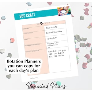 May include: A printable VBS craft schedule with the title "VBS Craft" and the scripture "Mark 10:13-16 Jesus and the children". The craft is "Eye-Spy Bottle" and the materials needed are "Empty water bottles, small toys/trinkets, rice". The schedule of rotation is listed for each grade level.