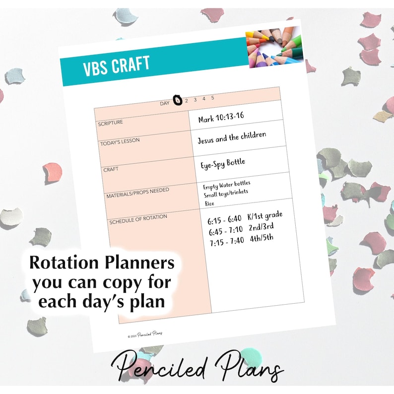 May include: A printable VBS craft schedule with the title "VBS Craft" and the scripture "Mark 10:13-16 Jesus and the children". The craft is "Eye-Spy Bottle" and the materials needed are "Empty water bottles, small toys/trinkets, rice". The schedule of rotation is listed for each grade level.