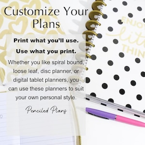May include: A white planner with black polka dots and the text "Enjoy the little things". The planner has a gold coil binding and is lying on a white surface with a purple pen.