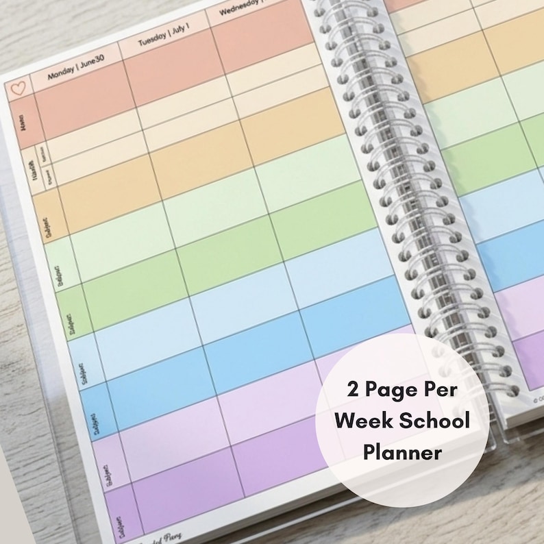 May include: A spiral-bound school planner with a two-page weekly layout featuring horizontal color-blocked rows in pastel shades of peach, yellow, green, blue, and purple. The grid includes headers for days of the week and subject labels.