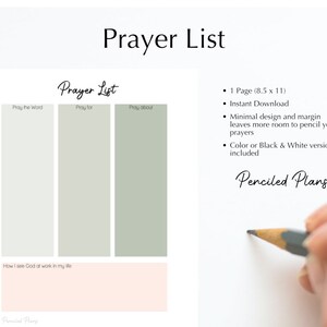 May include: A printable prayer list with three sections labeled "Pray the Word", "Pray for", and "Pray about". The list also includes a section for "How I see God at work in my life". The printable is in a minimalist design with a green and white color scheme.
