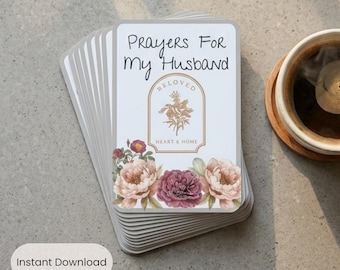 Tarjetas de oración para mi esposo en PDF. Versículos bíblicos para orar por tu cónyuge. Regalo inspirado en la fe para una fiesta de bienvenida para parejas. Regalo de aliento en peonías.