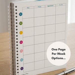 May include: A spiral-bound weekly planner with a white grid layout featuring columns for Menu, Fitness, Appointments, and To-Do. The left margin displays colorful circular icons with letters representing days of the week. A circular overlay reads One Page Per Week Options.