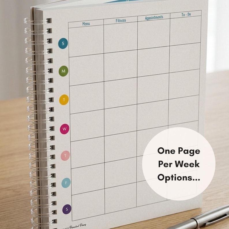 May include: A spiral-bound weekly planner with a white grid layout featuring columns for Menu, Fitness, Appointments, and To-Do. The left margin displays colorful circular icons with letters representing days of the week. A circular overlay reads One Page Per Week Options.