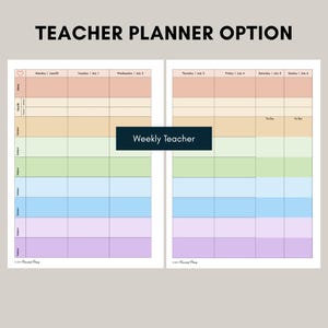 May include: A two-page weekly teacher planner layout featuring a grid with pastel-colored rows for Monday through Sunday. The text TEACHER PLANNER OPTION and Weekly Teacher are visible. Each day includes sections for menu, health, and subjects.