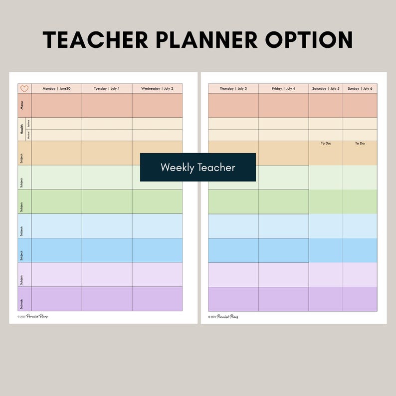 May include: A two-page weekly teacher planner layout featuring a grid with pastel-colored rows for Monday through Sunday. The text TEACHER PLANNER OPTION and Weekly Teacher are visible. Each day includes sections for menu, health, and subjects.