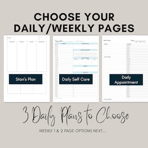 May include: Three white planner pages with black text and lines. The left page is titled Stan's Plan with columns for prayers, people, plans, and priorities. The middle page is Daily Self Care with a schedule and lists. The right page is Daily Appointment.