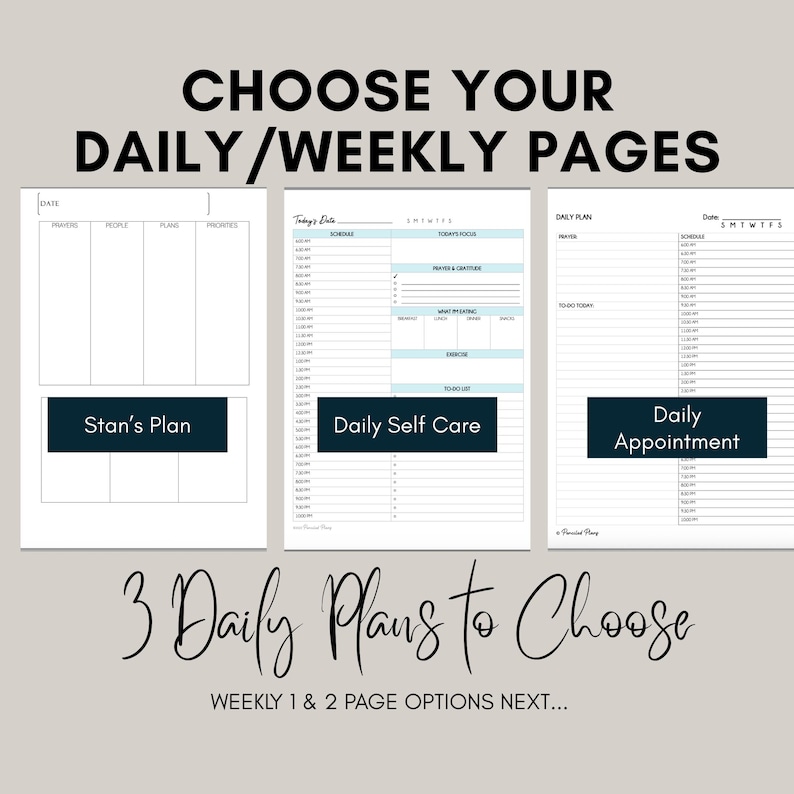 May include: Three white planner pages with black text and lines. The left page is titled Stan's Plan with columns for prayers, people, plans, and priorities. The middle page is Daily Self Care with a schedule and lists. The right page is Daily Appointment.