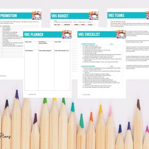 May include: A set of printable VBS planning sheets with a turquoise and white color scheme. The sheets include sections for promotion, budget, teams, planner, and checklist. The image includes a colorful photo of children's hands reaching up.