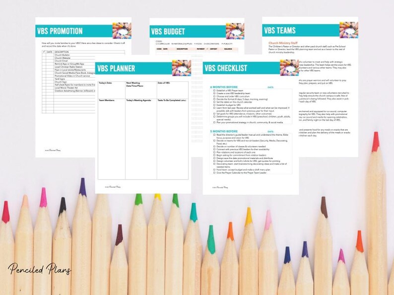 May include: A set of printable VBS planning sheets with a turquoise and white color scheme. The sheets include sections for promotion, budget, teams, planner, and checklist. The image includes a colorful photo of children's hands reaching up.