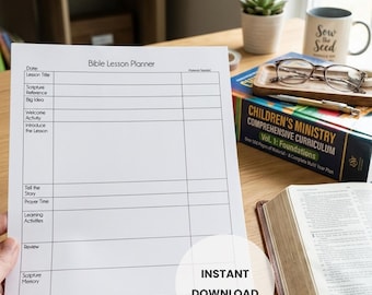 Bible Lesson Planner Sunday School Children's Ministry PDF Download one page lesson at a glance overview planner for church school kid class