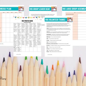 May include: A set of printable VBS planning sheets with colorful borders and text. The sheets include a weekly plan, group leader gear, large group assembly, prayer guide, and volunteer thanks.