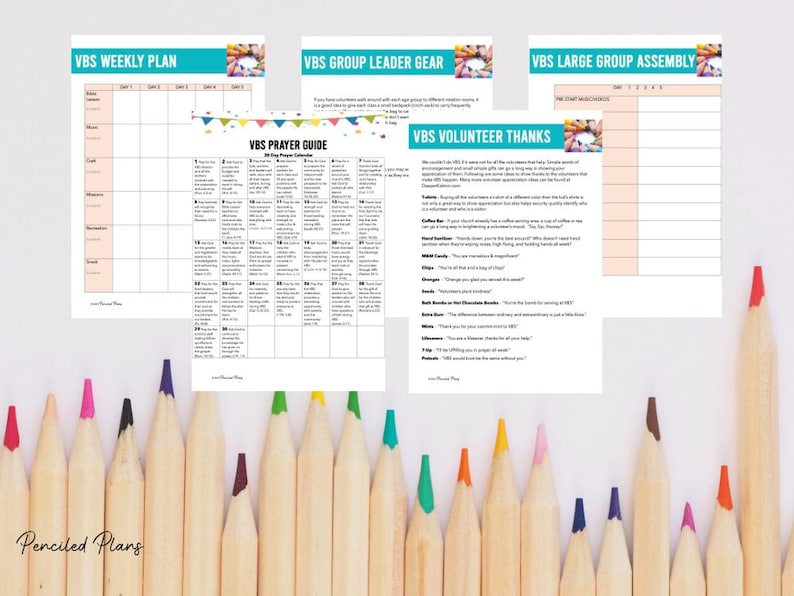 May include: A set of printable VBS planning sheets with colorful borders and text. The sheets include a weekly plan, group leader gear, large group assembly, prayer guide, and volunteer thanks.