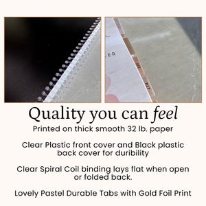 May include: A planner featuring a clear plastic front cover, a black plastic back cover, and a clear spiral coil binding. The interior pages include pastel-colored tabs with gold foil text. The text on the image reads: Quality you can feel.