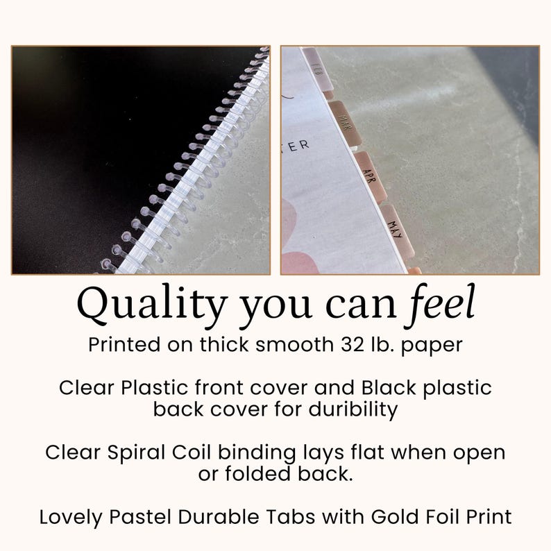 May include: A planner featuring a clear plastic front cover, a black plastic back cover, and a clear spiral coil binding. The interior pages include pastel-colored tabs with gold foil text. The text on the image reads: Quality you can feel.