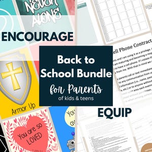 Peut inclure: Un ensemble numérique de rentrée scolaire pour les parents d'enfants et d'adolescents comprenant divers documents imprimables. La collection inclut un contrat de téléphone portable, des listes de contrôle et des affiches avec du texte comme Never Alone, Encourage, Armor Up et You are so Loved.