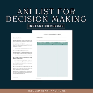 May include: A printable digital download titled "ANI List for Decision Making." The document features instructions and a worksheet with columns for affirmative, negative, and interesting points. The text "Instant Download" is also visible.