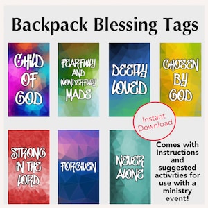 Christian Affirmation Backpack Tags for Kids Scripture & Prayer PDF Downloadable Print 7 unique designs to fit keychain or bag tag kidmin