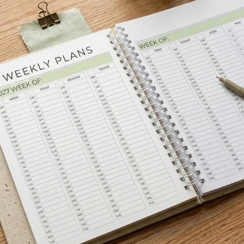 May include: A spiral-bound weekly planner with white pages featuring black text and light green headers. The layout includes columns for days of the week with hourly time slots from 6:00 to 9:30. The text reads WEEKLY PLANS and WEEK OF.