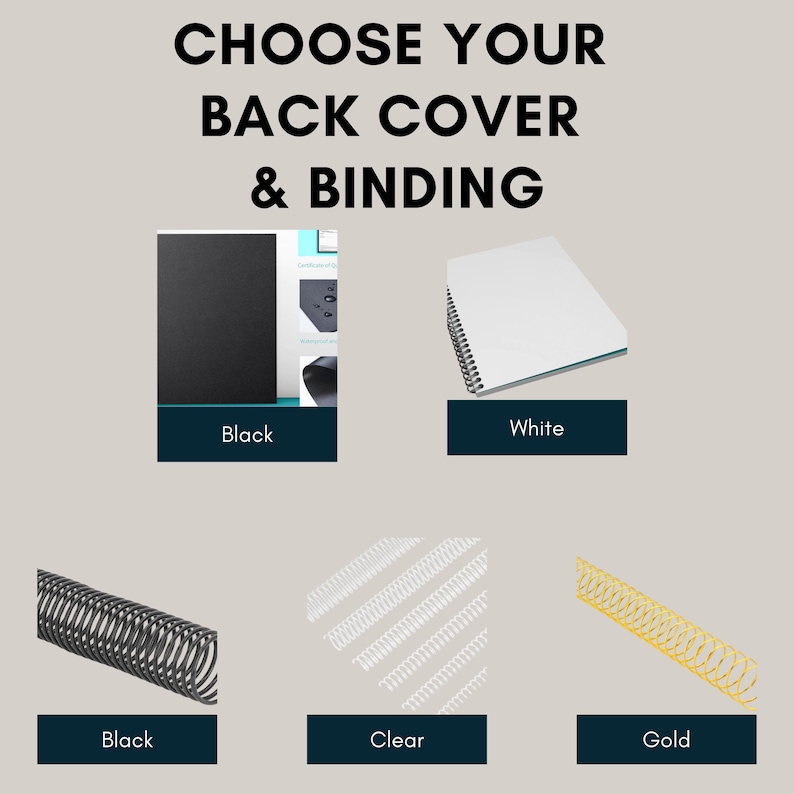 May include: A selection guide titled CHOOSE YOUR BACK COVER & BINDING. It displays a black cover, a white cover, and three spiral binding options in black, clear, and gold. The layout provides visual choices for notebook customization.