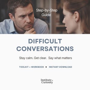 May include: A book cover titled "DIFFICULT CONVERSATIONS" with a photo of two people engaged in a serious discussion. Text includes "Step-by-Step Guide" and the tagline "Stay calm. Get clear. Say what matters."