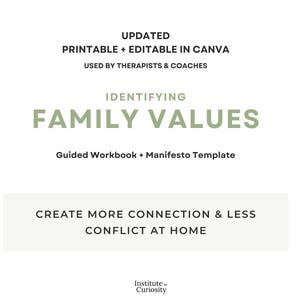 Könnte beinhalten: Weißer Hintergrund mit dem Text "UPDATED PRINTABLE + EDITABLE IN CANVA USED BY THERAPISTS & COACHES." Der Text "IDENTIFYING FAMILY VALUES" ist in großen, grünen Buchstaben gehalten. Darunter steht "Guided Workbook + Manifesto Template."