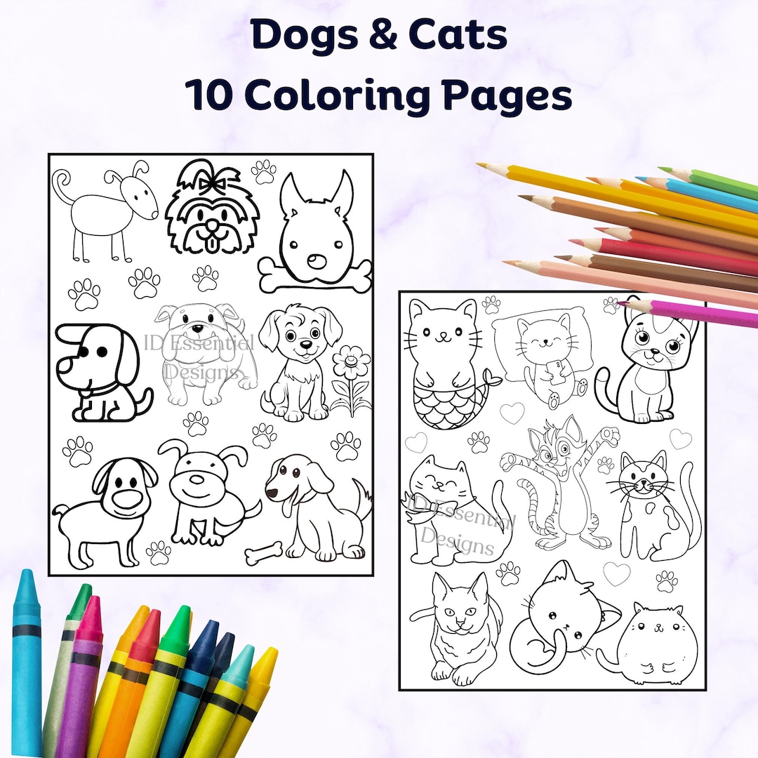 Dog and Cat Coloring Pages for Kids (10 Pages) (PDF & JPG) - Etsy