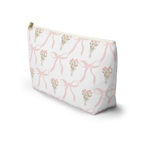 Light Pink Bows and Bouquets Pouch, Beauty Accessory, T-Bottom Pouch, Feminine Style, Makeup Essentials, Lipstick Palette, Makeup Tote
