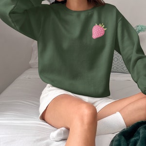 Cozy Strawberry Sweatshirt, Adorable Fruit Embroidery, Y2K Fashion
