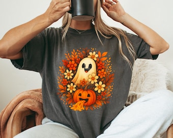 Clipart bloemenpompoenspook • Leuk Halloweenspook, png-bestand • Aquarel herfstbloemen en pompoenkunst • Herfstsublimatieontwerp