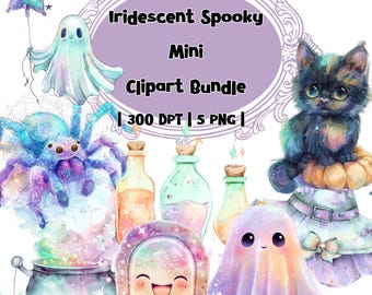 Iridescent Spooky Mega Clipart Bundle | Pastel Ghosts, Cat, Spider, Potions & Cauldron PNGs | Digital Download