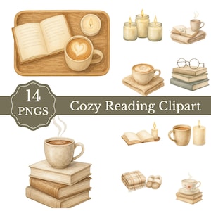 Op de afbeelding: Watercolor clipart set met gezellige leeselementen. Inclusief een dienblad met een koffiekopje en een boek, kaarsen, stapels boeken, koffiekopjes, dekens en pantoffels. De tekst "Cozy Reading Clipart" is inbegrepen.