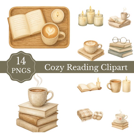 Cozy Reading Watercolor Clipart • 14 PNGs • Book Lover Coffee Candle Blanket Art • Hygge Autumn Books PNG Set • Cozy Bookish Clipart Bundle